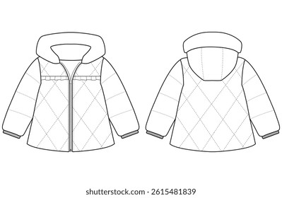 Baby girl Hooded Puffer Coat vector illustration Front and back views 