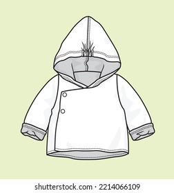 Baby girl hooded winter jacket flat sketch illustration, Line sketch baby cloths