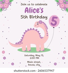 Baby girl invitation with dinosaur pink dinosaur with flowers balloon number five 5 years old