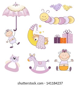 baby girl items set isolated on white background, vector illustration