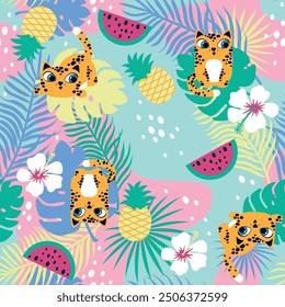 Baby girl jungle seamless pattern with cute orange leopard, pineapple and slice of watermelon. Vector ilustration.