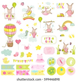 Baby Girl Kangaroo Scrapbook Set. Vector Scrapbooking, Decorative Elements, Tags, Labels, Stickers, Notes