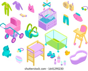 Baby girl kid accessories vector illustration. Babies toys, clothes and bath newborn care collection. Babygirl feed, play, dress and carriage cartoon items set isometric style on white background.