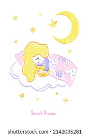 Baby girl with kitten sleeping on a cloud bed in starry night sky under half moon vector illustration isolated on white. Sweet dreams phrase. Cartoon childish felt pen hand drawn good night poster.