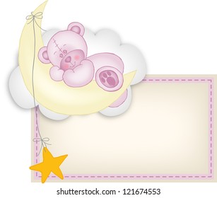 Baby Girl Label Teddy Bear Sleeping On A Moon