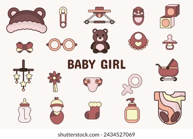 Baby Girl Lineal Color Vector Illustration Icon Sticker Set Design Materials