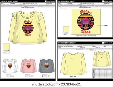 BABY GIRL LONG SLEEVE RETRO VIBES CAT STREETWEAR VECTOR DIGITAL DTG DTF HEAT TRANSFER STICKER SUBLIMATION PRINT T SHIRT TECHPACK MEASUREMENT LAYOUT TEMPLATE DESIGN