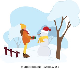 A baby girl making snowman with a present. Winter holidays illustration. Outdoor activity, winter concept. flat vector illustration