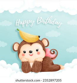 Baby Girl Monkey Birthday Party, Paper cut style. Vector illustration