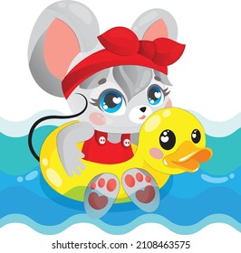 baby girl mouse bathes in the waves with a swimming circle in the form of a duck