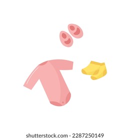 Baby girl newborn pink set colorful with socks and booties flat illustrations. 