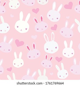 Baby girl nursery seamless pattern with white bunnies and cute rabbits and hearts on pink background.