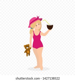 Baby Girl on Summer Beach, Vacation, Happy Kid in Swim Suit and Hat. Smiling Child with Bear Toy and Coco Nut Cocktail Isolated on Transparent Background. Cartoon Flat Vector Illustration, Clip Art