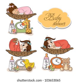 baby girl on on weighing scale, items set on white background