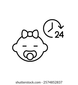 Baby girl with pacifier and 24 7 care symbol. Round the clock infant nursery and assistance. Pixel perfect vector icon