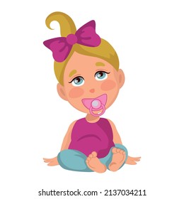 Baby girl with a pacifier in her mouth, isolate on a white background - Vector illustration