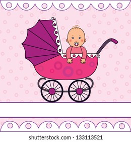Baby girl with a pacifier in a stroller for babies, with lace on a pink background with texture