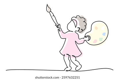 Baby girl with painting brush and palette. Continuous one line drawing. Vector illustration. Education and back to school concept for logo, card, banner, poster flyer
