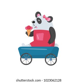 Baby girl panda sitting in toy wagon and eating ice-cream. Cute humanized animal. Cartoon bamboo bear in pink dress and bow on head. Colorful flat vector design