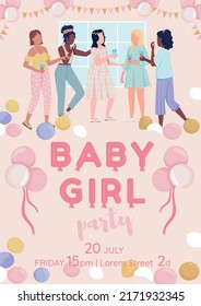 Baby girl party flat vector banner template. Gender reveal holiday poster, leaflet printable color designs. Editable flyer page with text space. Fredoka One, Brusher, Quicksand fonts used