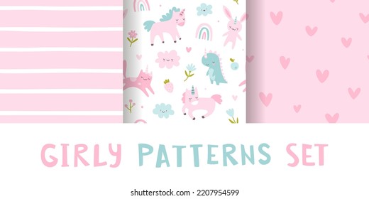 Baby girl pattern collection. Cute seamless pink vector prints set. Scandinavian girly patterns.