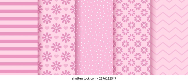 Baby girl pattern. Scrapbook Baby girl pattern. Scrapbook seamless background. Set pink packing paper. Cute textures with stripes, circles, flowers and zigzag. Trendy pastel print. Retro scrap design.