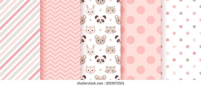 Baby girl pattern. Seamless backgrounds. Pink kids textures with animals, polka dot, zig zag and candy cane stripe. Set of cute textile prints. Pastel childish scrapbook backdrops. Vector illustration