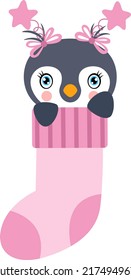 Baby girl penguin inside in pink sock
