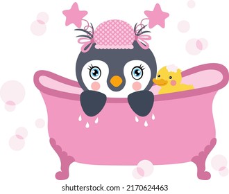 Baby girl penguin taking a bath with shower duck
