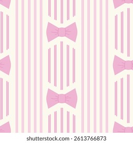 Baby Girl Pink Bows and Vertical Stripes on an Eggshell White background creating a seamless pattern print background