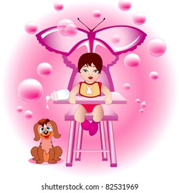 Baby girl in the pink world of happy childhood