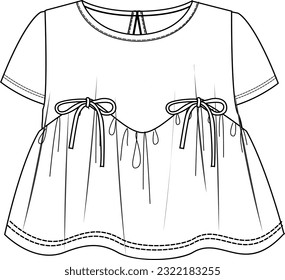 baby girl piping tie detail dress flat sketch,fashion vector	
