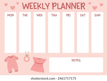 Baby girl planner with newborn clothes in pink pastel colours. Baby shower party or pregnancy time theme. Kids vector illustration.