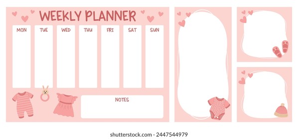 Baby girl planner and note sheets for pregnancy or baby shower party. Pink newborn clothes elements. Vector hand drawn illustration.