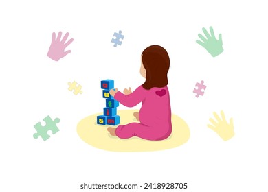 Baby girl play with blocks. Cubes tower with letters autism Vector Isolated. World Autism Awareness Day. Palms, puzzle. Design element for banner, poster, printed products, card, flyer, pattern, cover