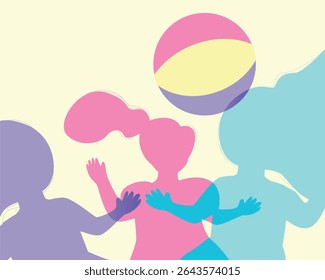 Baby girl playing with ball as sisters or Authentic Family, silhouette vector stock illustration with silhouettes children
