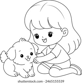 Bebé niña jugando con lindo perro para colorear página Clipart personaje de dibujos animados. Ilustración vectorial de día para niños.