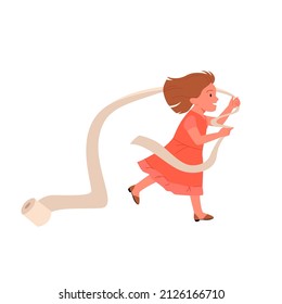 Baby girl playing with toilet paper roll and laughing vector illustration. Cartoon happy cute kid running to play fun game in bathroom, active joke game of playful child at home isolated on white
