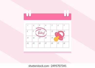 Baby girl, pregnancy countdown. Circled date on calendar and pacifier. Parenthood, expecting. Vector illustration.