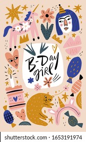 Baby girl princess Birthday party decor set, scandinavian collage design, cartoon childish style. Characters and celebrate phrase illustration. Boho Anniversary concept. Vector clipart bundle design