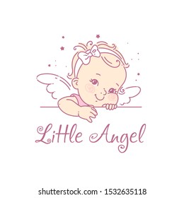 Baby girl as princess. Logo for baby product. Little princess portrait. Cute baby girl with wings and hair bow. Smiling  girl with curly hair. Emblem for company with sample text. Vector illustration.