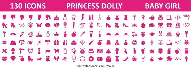 Baby girl, princess set icons, cute pink icons collection of doll life - clothes, shoes, jewelry, beauty, food, entertainment, celebrations, hobbies, love. Popular pink barbie girls style