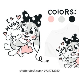 
Сute baby girl rabbit with bow hugs kitten toy.
vector illustration. cartoon style