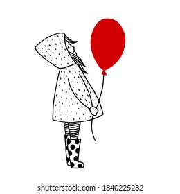 Baby girl with a red ball in a raincoat and rubber boots. Black and white illustration. Vector.