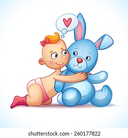 Baby girl redhead hugs bunny toy on a white background. Easter bunny plush toy. Little girl lovingly looking at the bunny