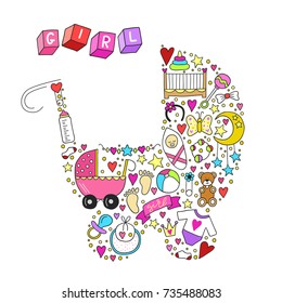 Baby girl related sticker icons collection isolated in baby carriage. Cute symbols design. Child drawn illustration. Baby shower. Scrapbook set. Newborn elements. Bottle crib teddy bear toys clothing