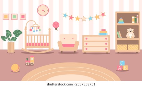 Baby girl room with furniture in flat style. Children room interior. Nursery with a baby cot, chair, book shelf, clock, flags, plant, toys. Flat Vector illustration. Muted colors, calm 
