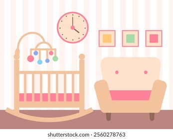 Baby girl room furniture in flat style. Children room interior. Nursery with a baby cot, chair, clock. Flat Vector illustration. Pastel colors