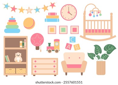 Baby girl room furniture, toys in flat style. Children room interior. Nursery, baby cot, chair, book shelf, clock, flags, plant, toys. Flat Vector illustration. Pink, yellow colors