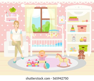 Baby girl room interior. Baby girl and her mother sitting on the armchair. Flat design. Baby room with a window, shelf,  toys, cot, bedside  table,  armchair, table, chair and rug.